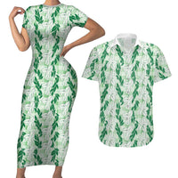 Hawaii Ti Leaf Maile Tuberose Lei Couples Matching Short Sleeve Bodycon Dress and Hawaiian Shirt With Hanalei Leaf Green
