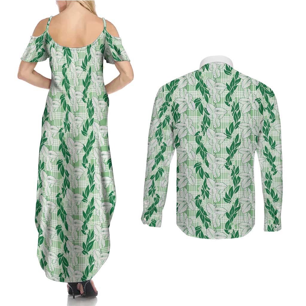 Hawaii Ti Leaf Maile Tuberose Lei Couples Matching Summer Maxi Dress and Long Sleeve Button Shirt With Hanalei Leaf Green