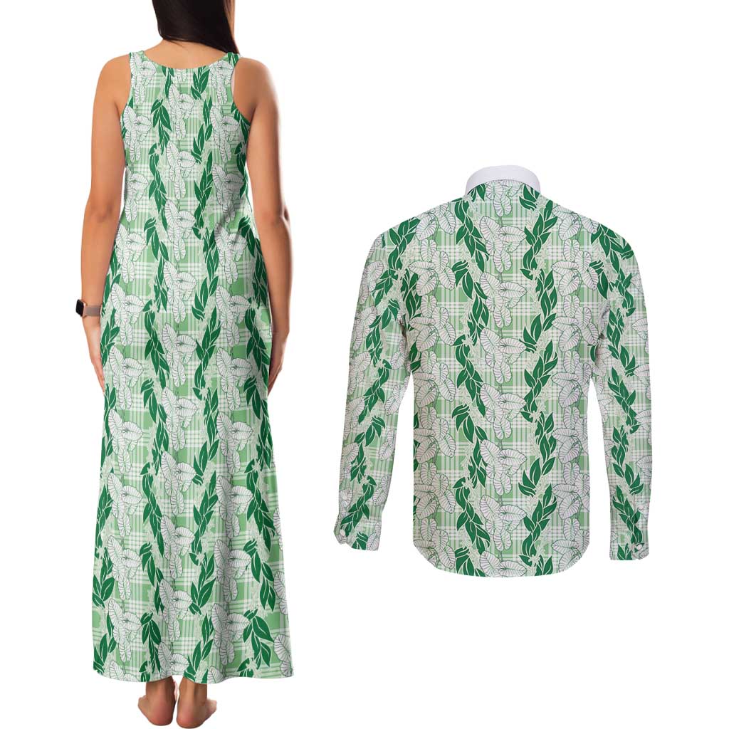 Hawaii Ti Leaf Maile Tuberose Lei Couples Matching Tank Maxi Dress and Long Sleeve Button Shirt With Hanalei Leaf Green