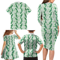 Hawaii Ti Leaf Maile Tuberose Lei Family Matching Long Sleeve Bodycon Dress and Hawaiian Shirt With Hanalei Leaf Green LT05 - Polynesian Pride