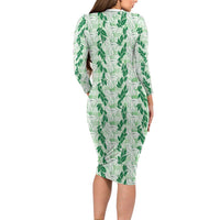 Hawaii Ti Leaf Maile Tuberose Lei Family Matching Long Sleeve Bodycon Dress and Hawaiian Shirt With Hanalei Leaf Green LT05 - Polynesian Pride
