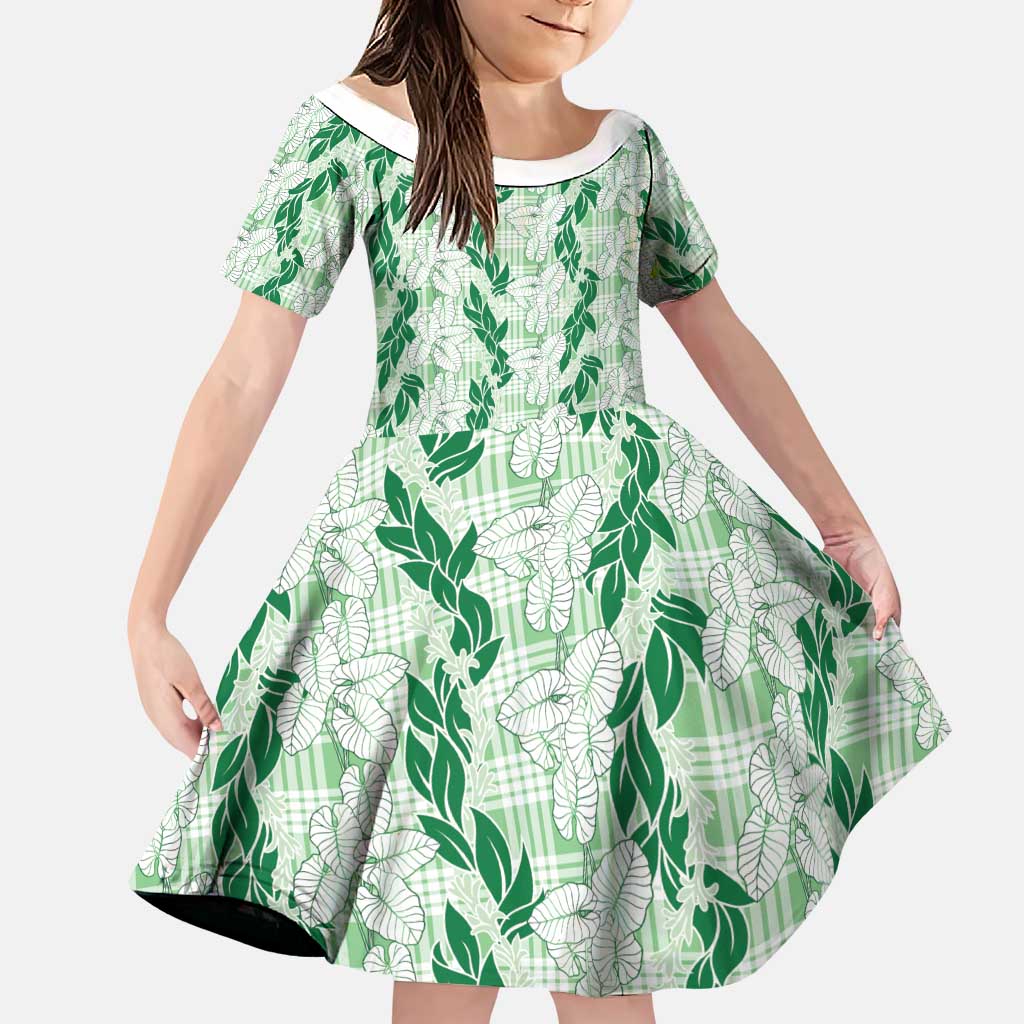 Hawaii Ti Leaf Maile Tuberose Lei Family Matching Mermaid Dress and Hawaiian Shirt With Hanalei Leaf Green LT05 Daughter's Dress Green - Polynesian Pride