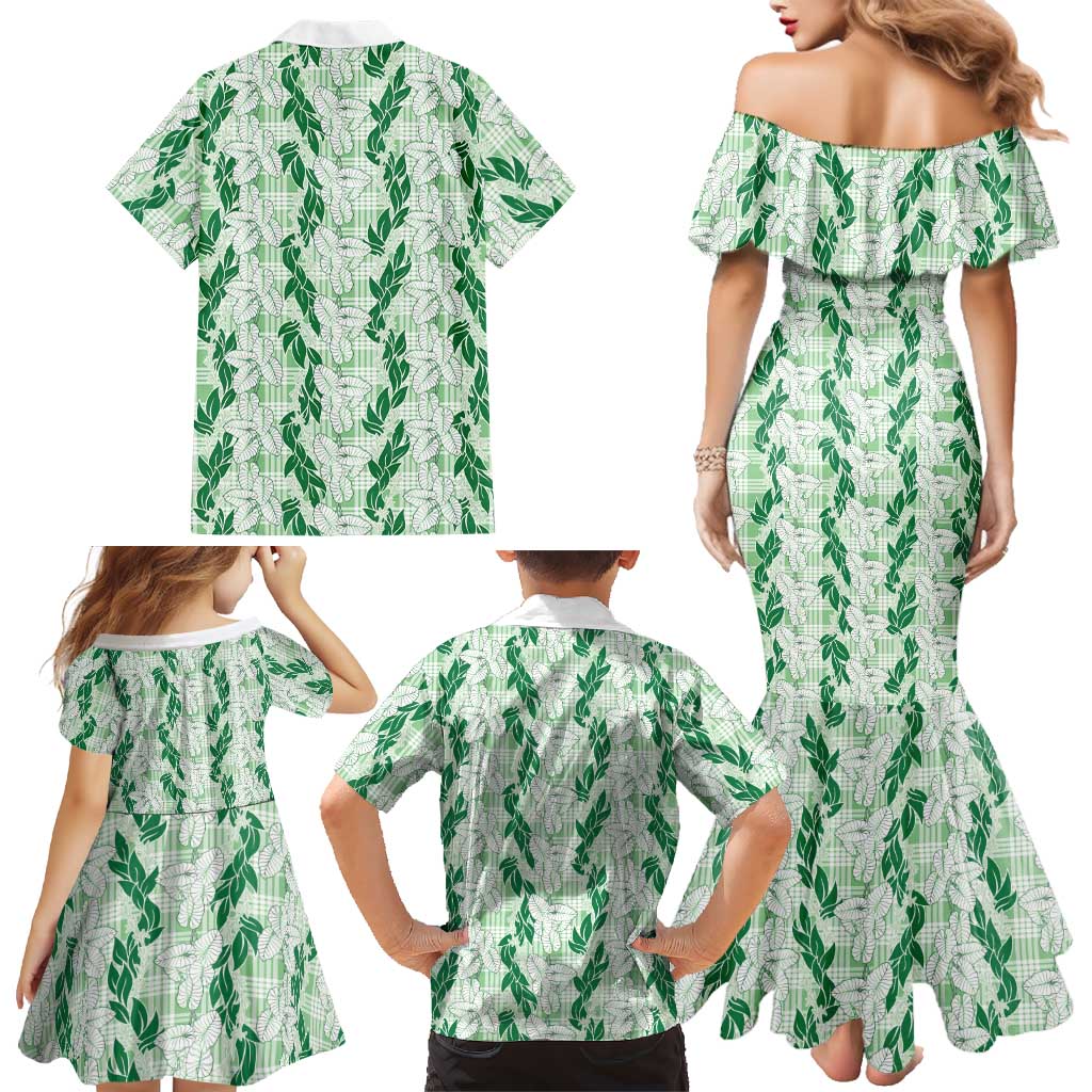 Hawaii Ti Leaf Maile Tuberose Lei Family Matching Mermaid Dress and Hawaiian Shirt With Hanalei Leaf Green LT05 - Polynesian Pride