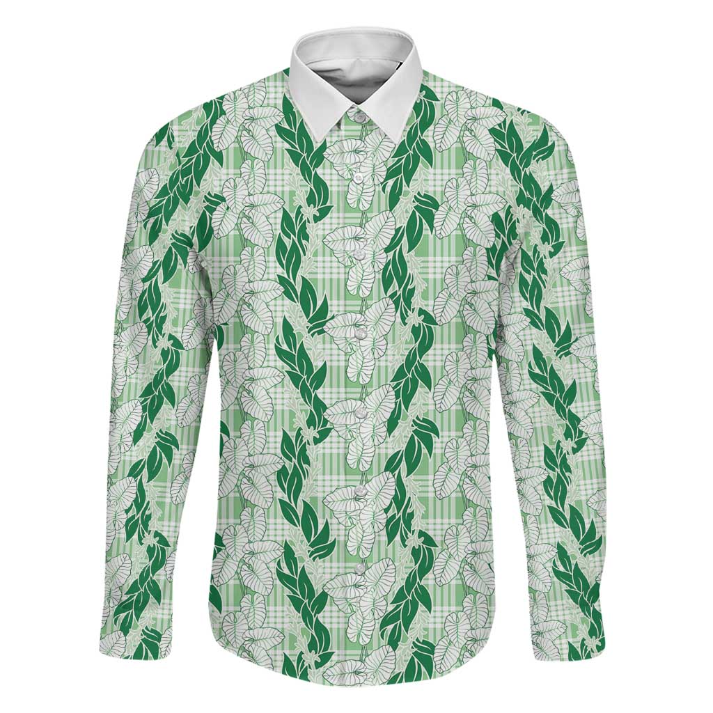 Hawaii Ti Leaf Maile Tuberose Lei Family Matching Mermaid Dress and Hawaiian Shirt With Hanalei Leaf Green LT05 Dad's Shirt - Long Sleeve Green - Polynesian Pride