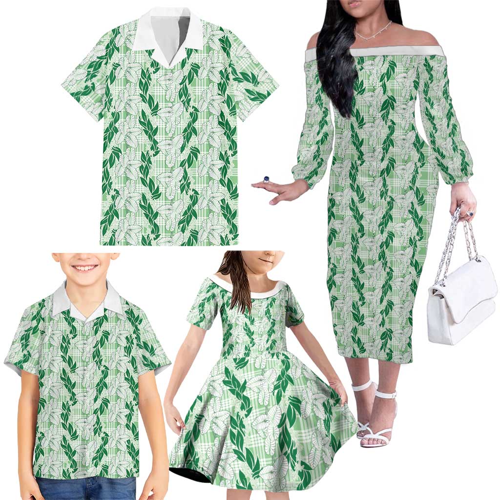 Hawaii Ti Leaf Maile Tuberose Lei Family Matching Off The Shoulder Long Sleeve Dress and Hawaiian Shirt With Hanalei Leaf Green