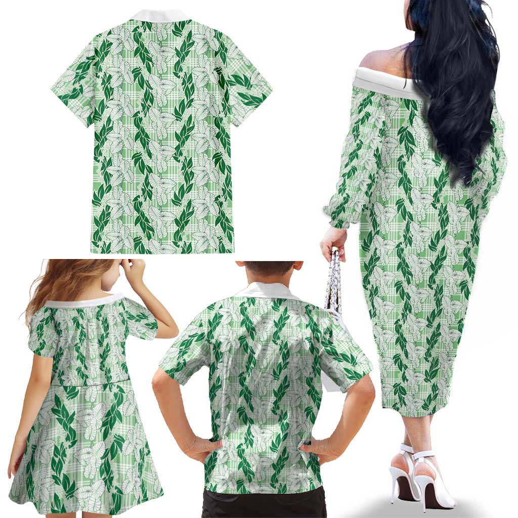 Hawaii Ti Leaf Maile Tuberose Lei Family Matching Off The Shoulder Long Sleeve Dress and Hawaiian Shirt With Hanalei Leaf Green LT05 - Polynesian Pride