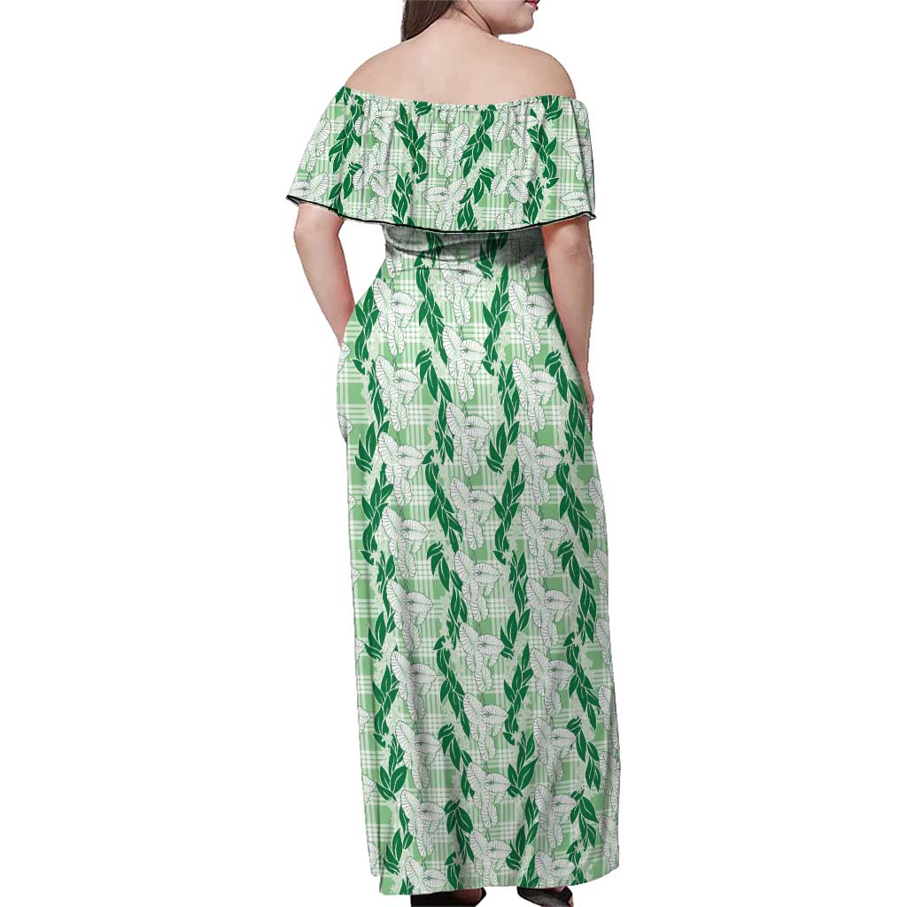 Hawaii Ti Leaf Maile Tuberose Lei Family Matching Off Shoulder Maxi Dress and Hawaiian Shirt With Hanalei Leaf Green