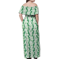 Hawaii Ti Leaf Maile Tuberose Lei Family Matching Off Shoulder Maxi Dress and Hawaiian Shirt With Hanalei Leaf Green