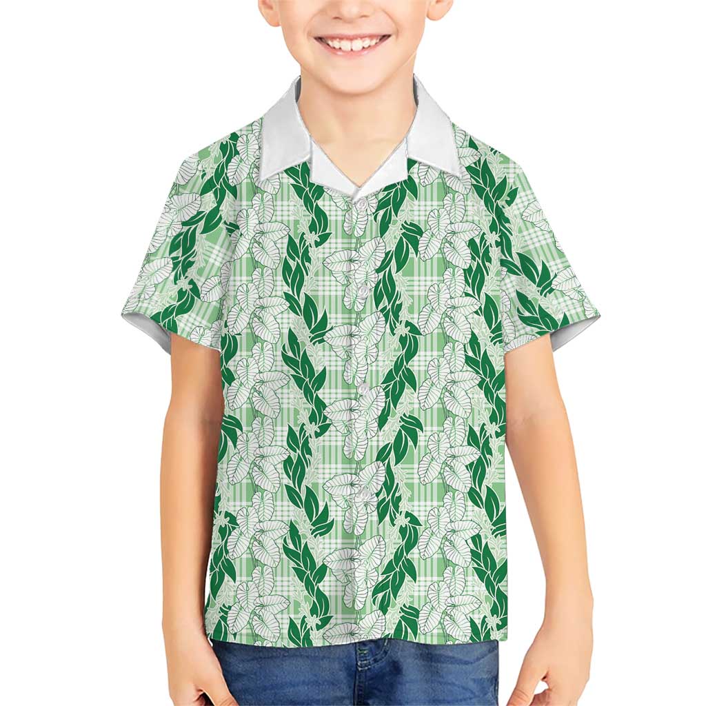 Hawaii Ti Leaf Maile Tuberose Lei Family Matching Off Shoulder Maxi Dress and Hawaiian Shirt With Hanalei Leaf Green