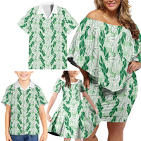 Hawaii Ti Leaf Maile Tuberose Lei Family Matching Off Shoulder Short Dress and Hawaiian Shirt With Hanalei Leaf Green