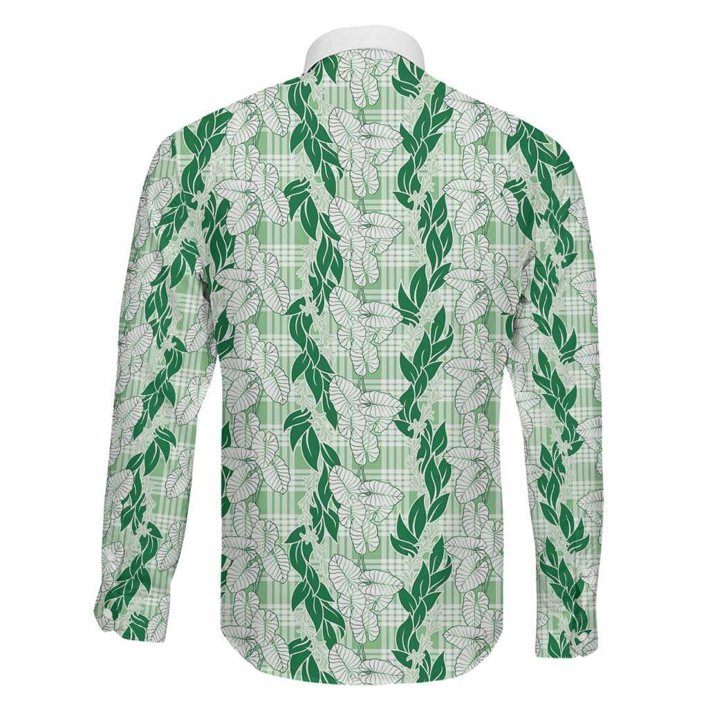 Hawaii Ti Leaf Maile Tuberose Lei Family Matching Off Shoulder Short Dress and Hawaiian Shirt With Hanalei Leaf Green