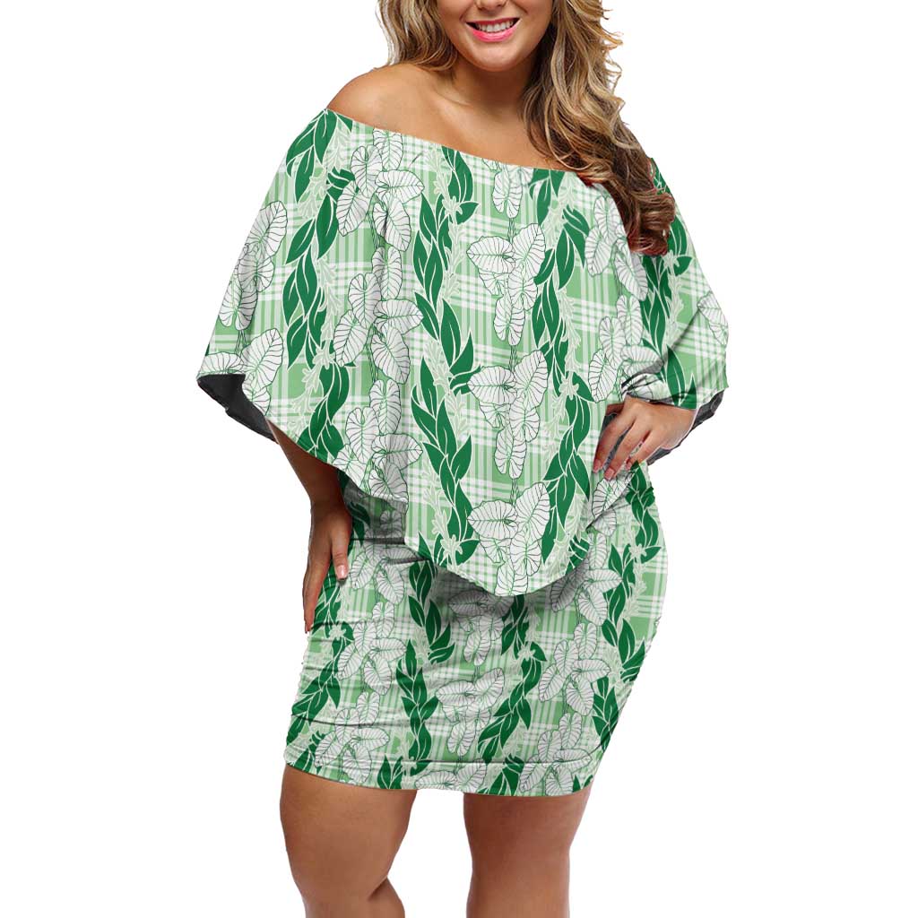 Hawaii Ti Leaf Maile Tuberose Lei Family Matching Off Shoulder Short Dress and Hawaiian Shirt With Hanalei Leaf Green