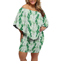 Hawaii Ti Leaf Maile Tuberose Lei Family Matching Off Shoulder Short Dress and Hawaiian Shirt With Hanalei Leaf Green