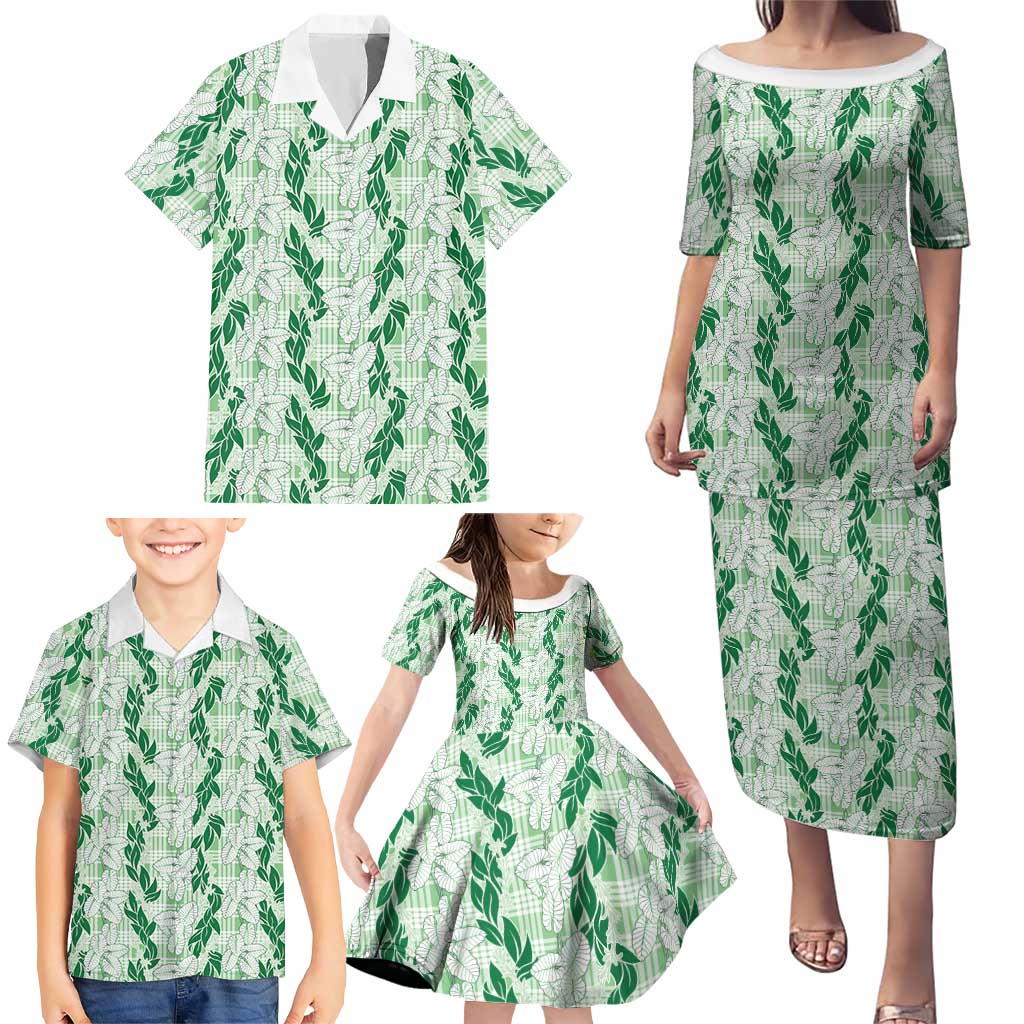 Hawaii Ti Leaf Maile Tuberose Lei Family Matching Puletasi and Hawaiian Shirt With Hanalei Leaf Green