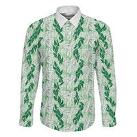 Hawaii Ti Leaf Maile Tuberose Lei Family Matching Puletasi and Hawaiian Shirt With Hanalei Leaf Green