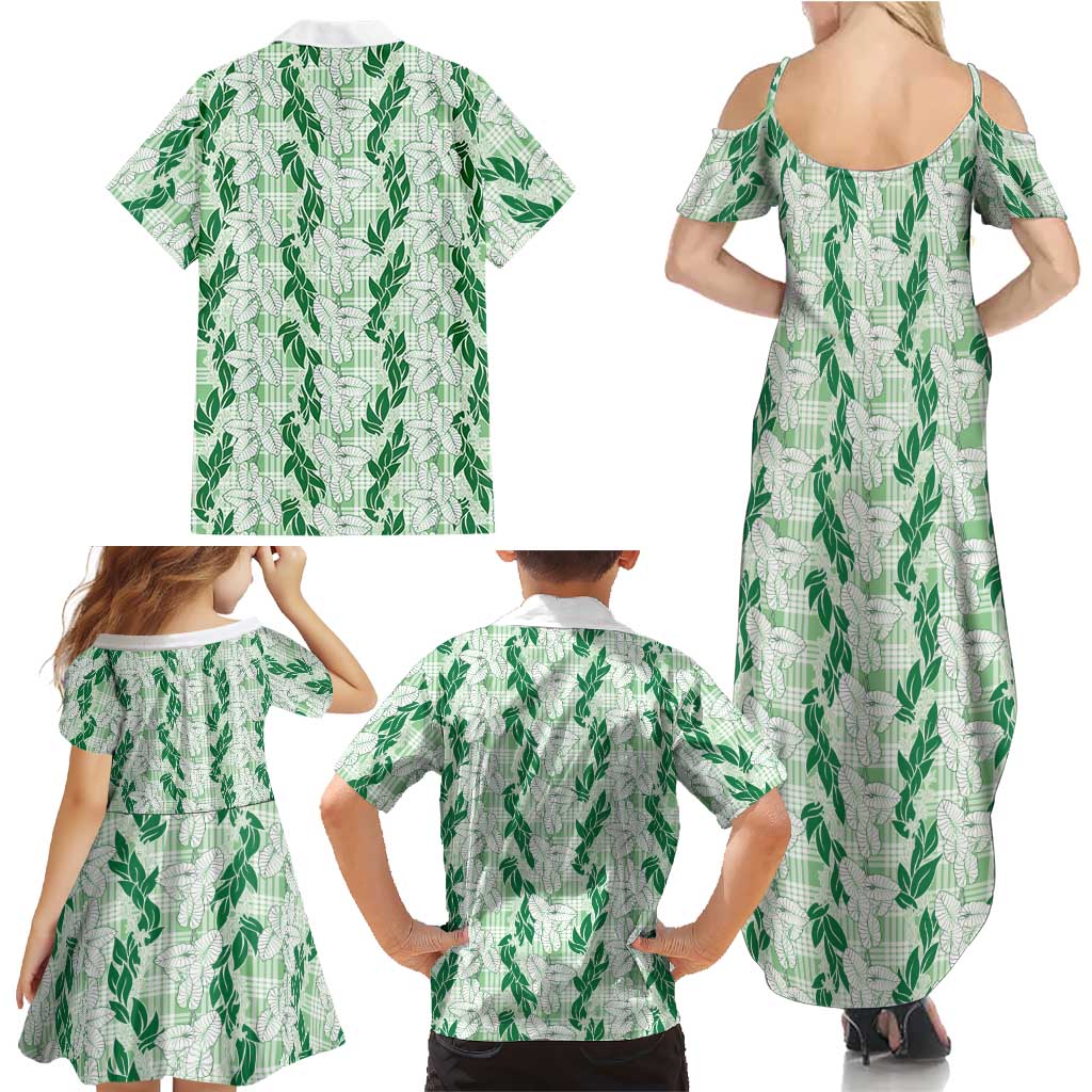 Hawaii Ti Leaf Maile Tuberose Lei Family Matching Summer Maxi Dress and Hawaiian Shirt With Hanalei Leaf Green