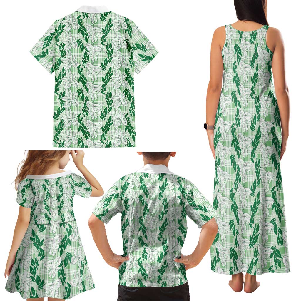 Hawaii Ti Leaf Maile Tuberose Lei Family Matching Tank Maxi Dress and Hawaiian Shirt With Hanalei Leaf Green