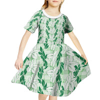 Hawaii Ti Leaf Maile Tuberose Lei Kid Short Sleeve Dress With Hanalei Leaf Green