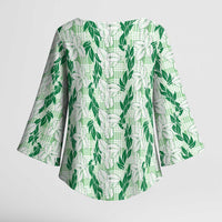 Hawaii Ti Leaf Maile Tuberose Lei Kimono Sleeve Blouse With Hanalei Leaf Green