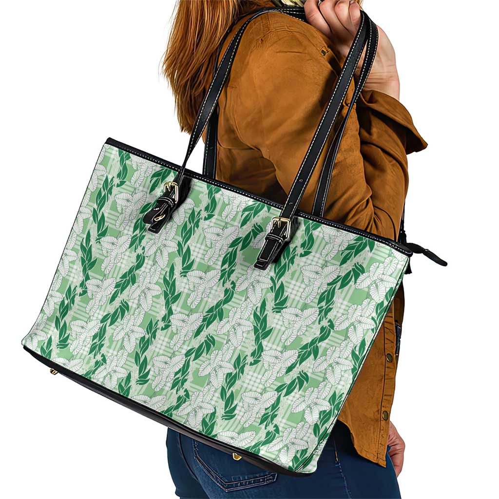 Hawaii Ti Leaf Maile Tuberose Lei Leather Tote Bag With Hanalei Leaf Green