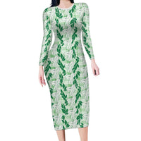 Hawaii Ti Leaf Maile Tuberose Lei Long Sleeve Bodycon Dress With Hanalei Leaf Green