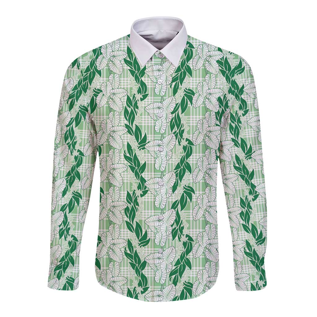 Hawaii Ti Leaf Maile Tuberose Lei Long Sleeve Button Shirt With Hanalei Leaf Green