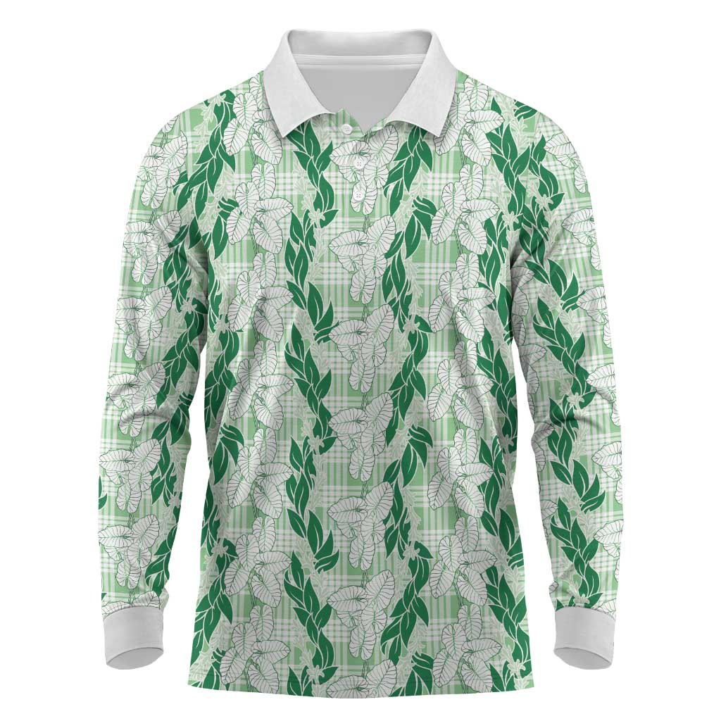 Hawaii Ti Leaf Maile Tuberose Lei Long Sleeve Polo Shirt With Hanalei Leaf Green
