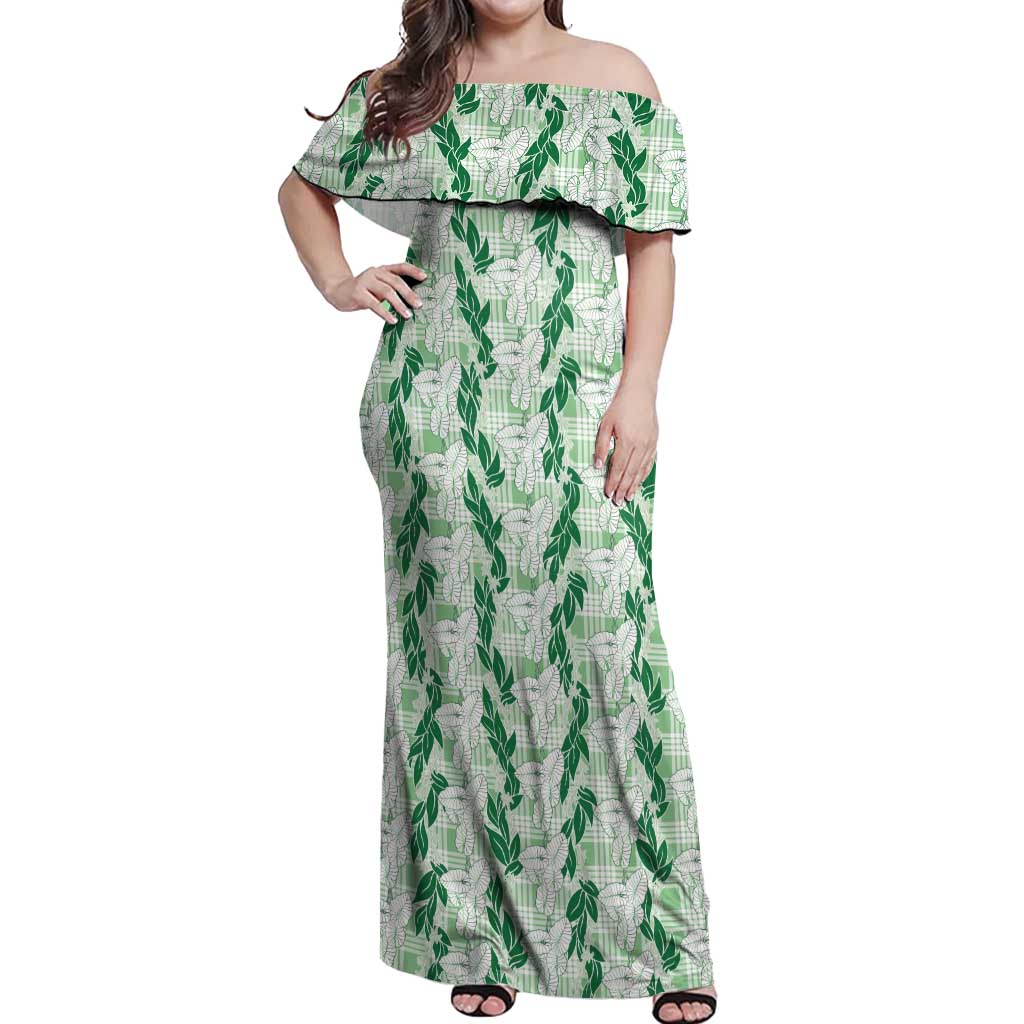 Hawaii Ti Leaf Maile Tuberose Lei Off Shoulder Maxi Dress With Hanalei Leaf Green