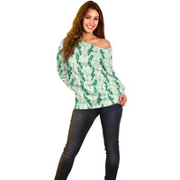 Hawaii Ti Leaf Maile Tuberose Lei Off Shoulder Sweater With Hanalei Leaf Green
