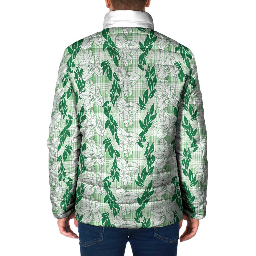 Hawaii Ti Leaf Maile Tuberose Lei Padded Jacket With Hanalei Leaf Green