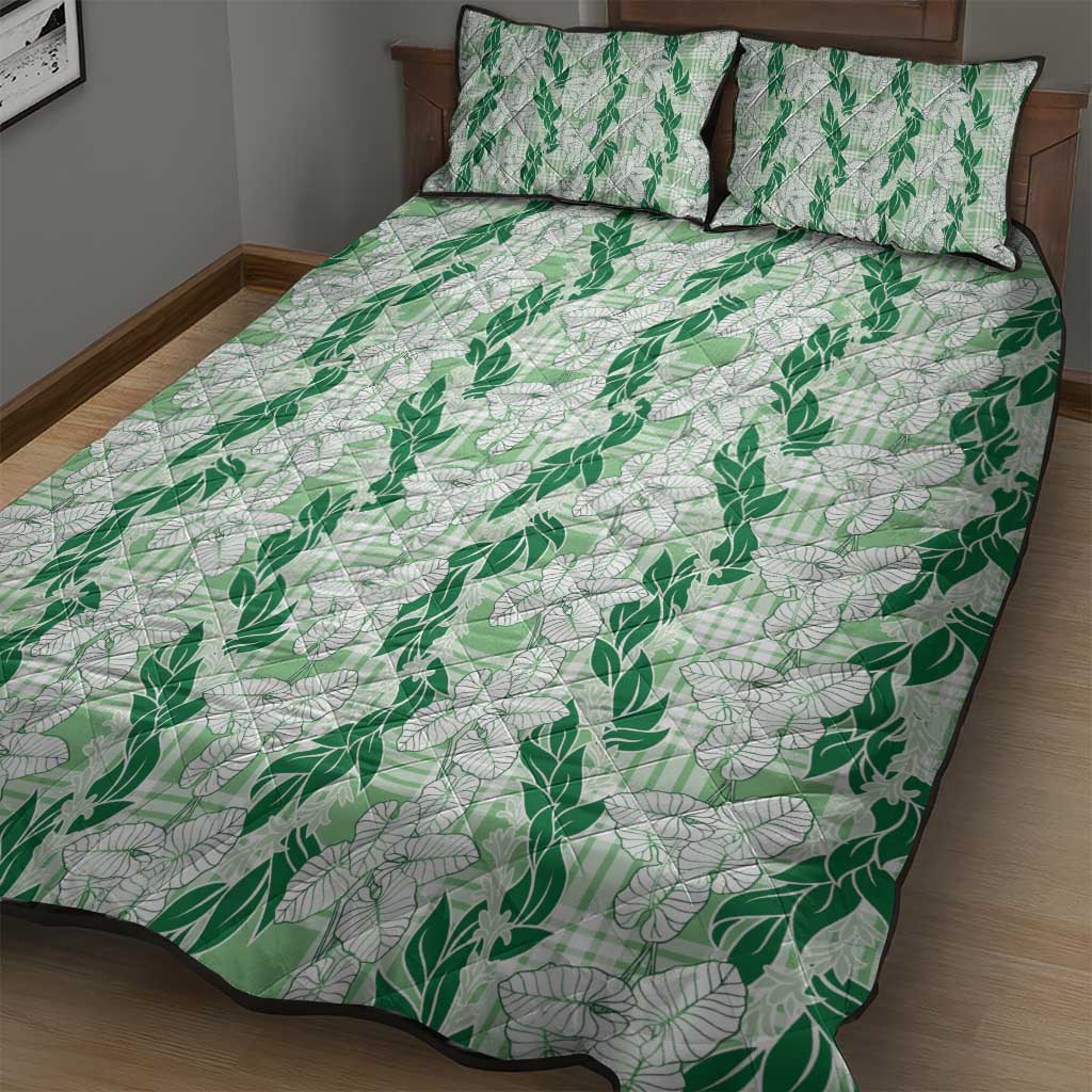Hawaii Ti Leaf Maile Tuberose Lei Quilt Bed Set With Hanalei Leaf Green