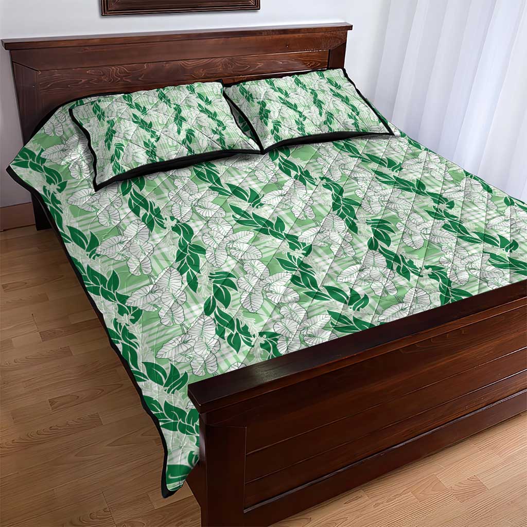 Hawaii Ti Leaf Maile Tuberose Lei Quilt Bed Set With Hanalei Leaf Green