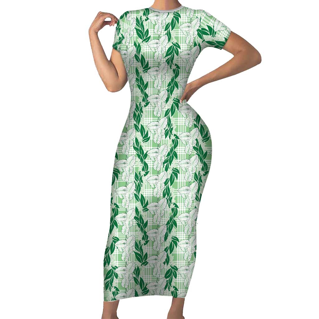 Hawaii Ti Leaf Maile Tuberose Lei Short Sleeve Bodycon Dress With Hanalei Leaf Green