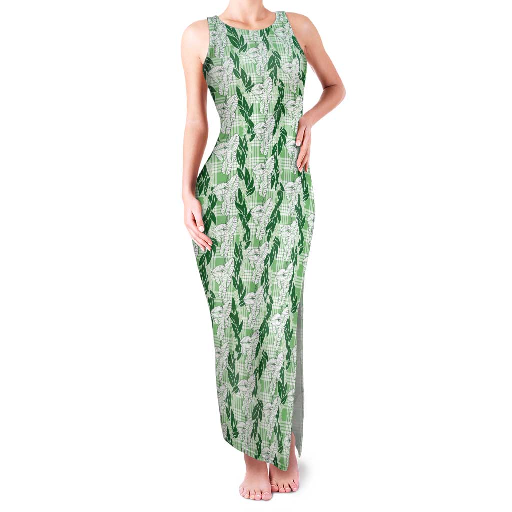 Hawaii Ti Leaf Maile Tuberose Lei Tank Maxi Dress With Hanalei Leaf Green