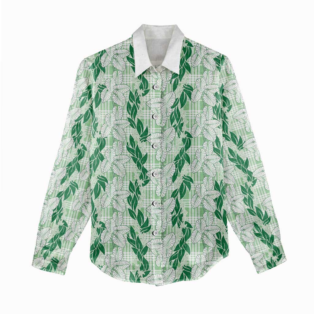 Hawaii Ti Leaf Maile Tuberose Lei Women Casual Shirt With Hanalei Leaf Green