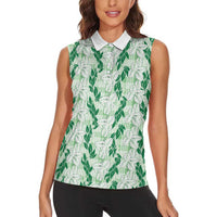Hawaii Ti Leaf Maile Tuberose Lei Women Sleeveless Polo Shirt With Hanalei Leaf Green