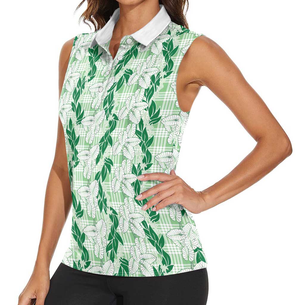 Hawaii Ti Leaf Maile Tuberose Lei Women Sleeveless Polo Shirt With Hanalei Leaf Green