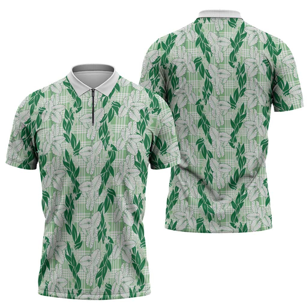 Hawaii Ti Leaf Maile Tuberose Lei Zipper Polo Shirt With Hanalei Leaf Green