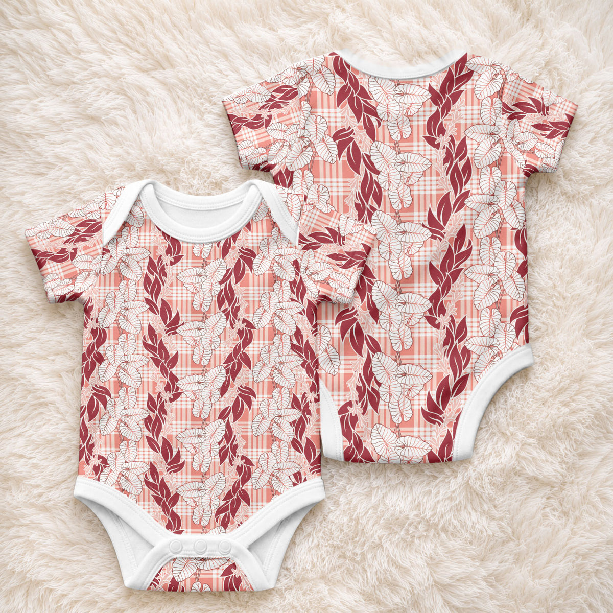 Hawaii Ti Leaf Maile Tuberose Lei Baby Onesie With Hanalei Leaf Red LT05 - Polynesian Pride