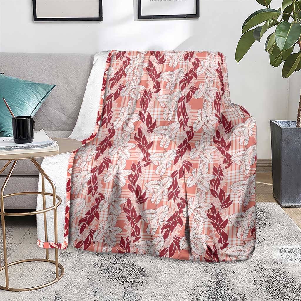 Hawaii Ti Leaf Maile Tuberose Lei Blanket With Hanalei Leaf Red