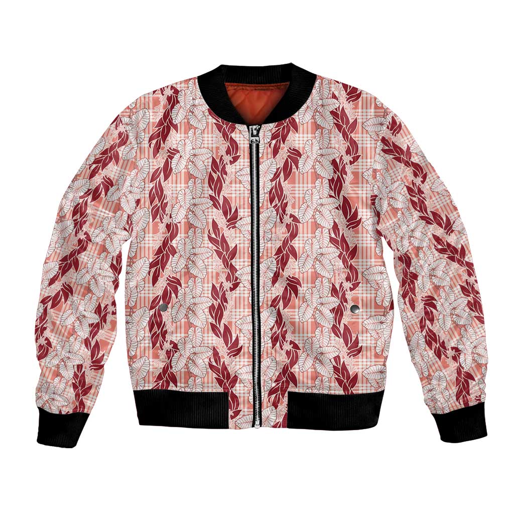 Hawaii Ti Leaf Maile Tuberose Lei Bomber Jacket With Hanalei Leaf Red