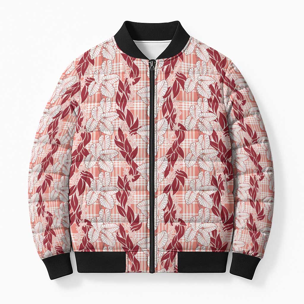 Hawaii Ti Leaf Maile Tuberose Lei Bomber Puffer Jacket With Hanalei Leaf Red