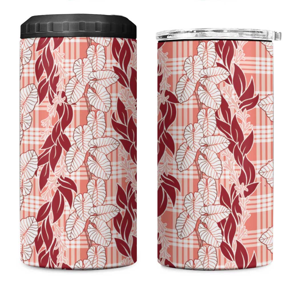 Hawaii Ti Leaf Maile Tuberose Lei 4 in 1 Can Cooler Tumbler With Hanalei Leaf Red