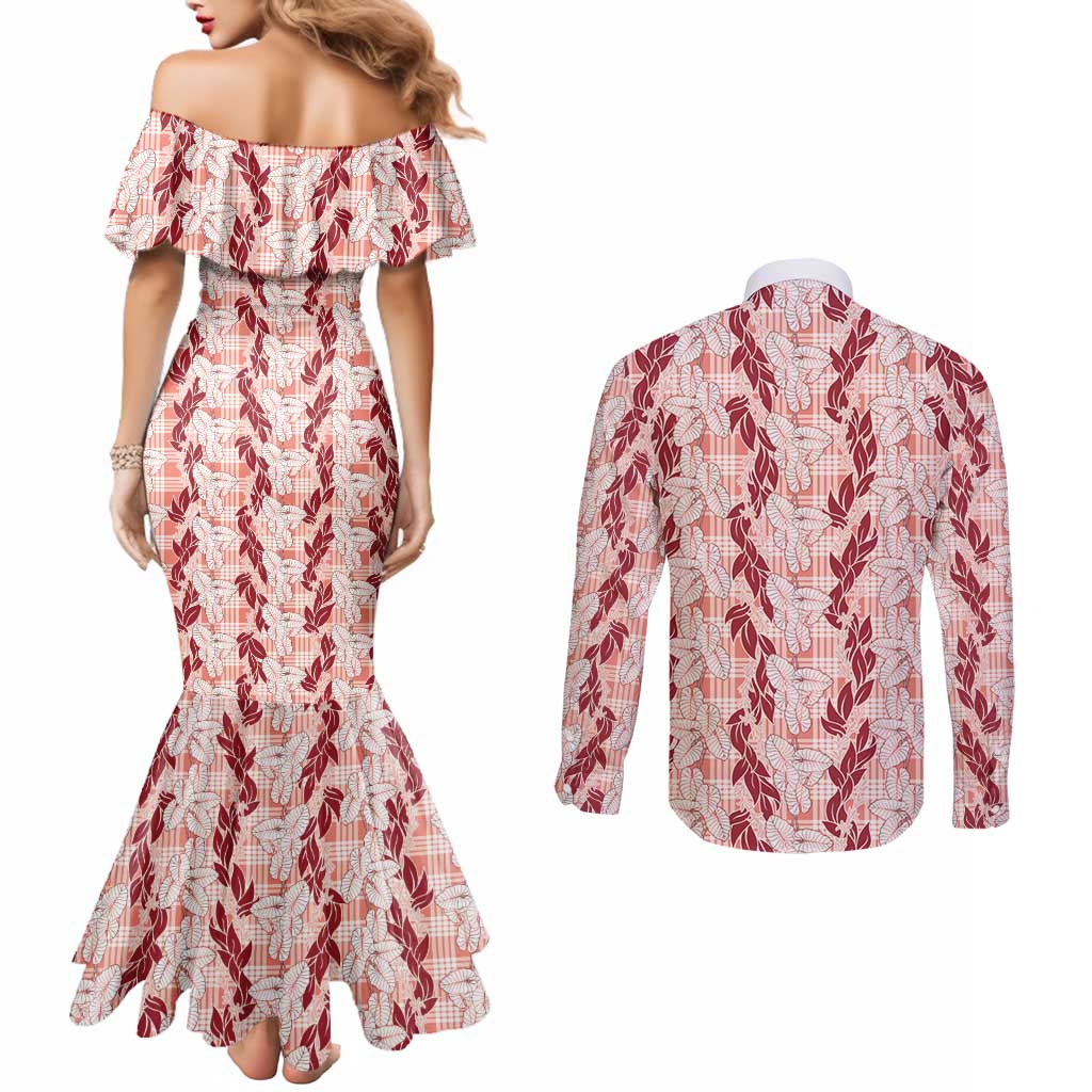 Hawaii Ti Leaf Maile Tuberose Lei Couples Matching Mermaid Dress and Long Sleeve Button Shirt With Hanalei Leaf Red