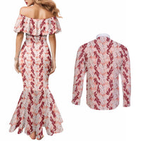 Hawaii Ti Leaf Maile Tuberose Lei Couples Matching Mermaid Dress and Long Sleeve Button Shirt With Hanalei Leaf Red