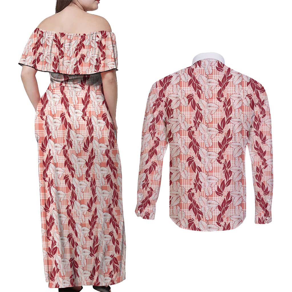 Hawaii Ti Leaf Maile Tuberose Lei Couples Matching Off Shoulder Maxi Dress and Long Sleeve Button Shirt With Hanalei Leaf Red