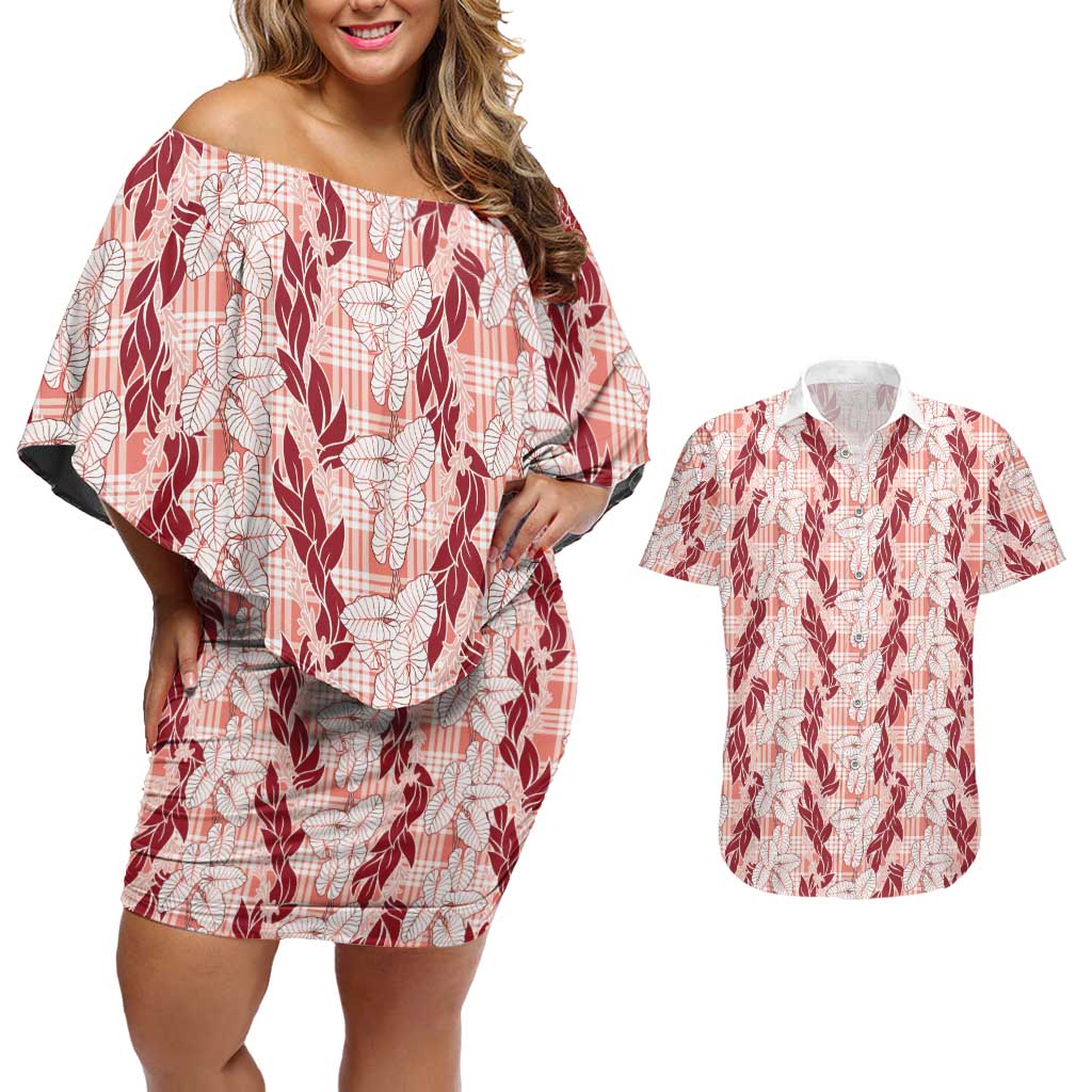 Hawaii Ti Leaf Maile Tuberose Lei Couples Matching Off Shoulder Short Dress and Hawaiian Shirt With Hanalei Leaf Red