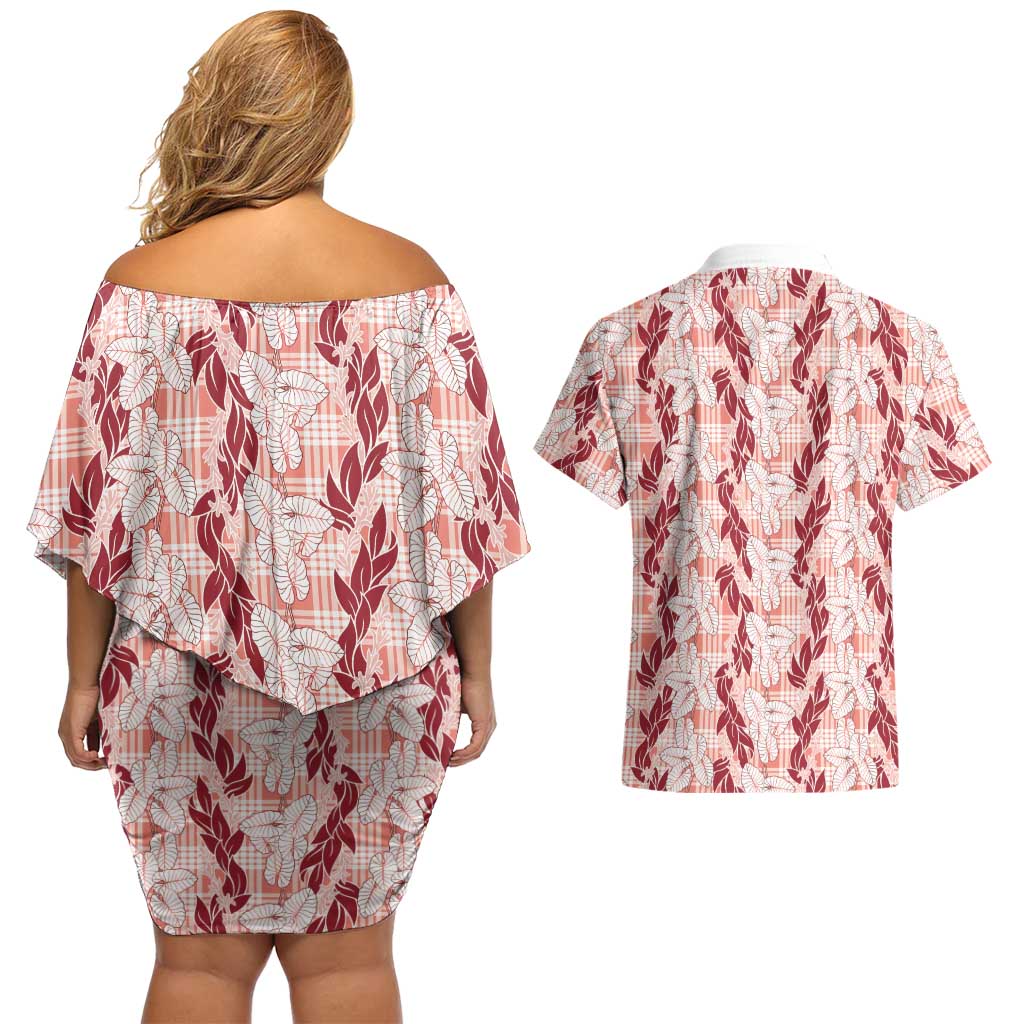 Hawaii Ti Leaf Maile Tuberose Lei Couples Matching Off Shoulder Short Dress and Hawaiian Shirt With Hanalei Leaf Red