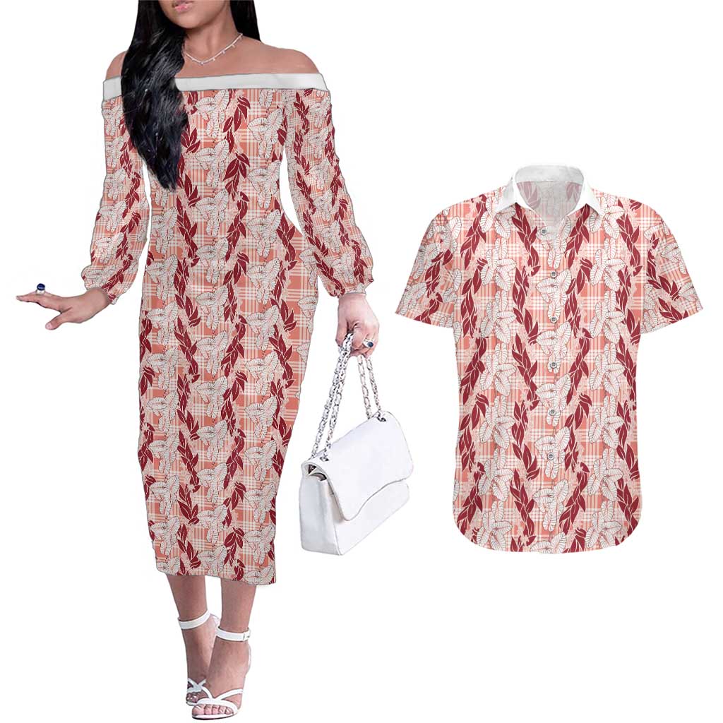 Hawaii Ti Leaf Maile Tuberose Lei Couples Matching Off The Shoulder Long Sleeve Dress and Hawaiian Shirt With Hanalei Leaf Red
