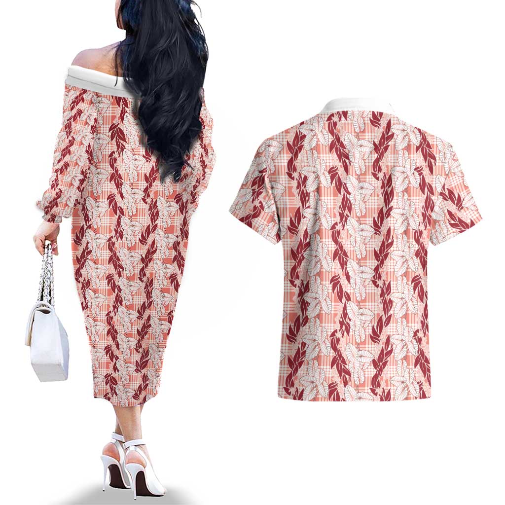 Hawaii Ti Leaf Maile Tuberose Lei Couples Matching Off The Shoulder Long Sleeve Dress and Hawaiian Shirt With Hanalei Leaf Red
